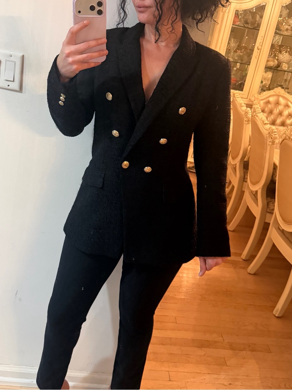 ZARA Black Textured Double-Breasted Blazer – Size L